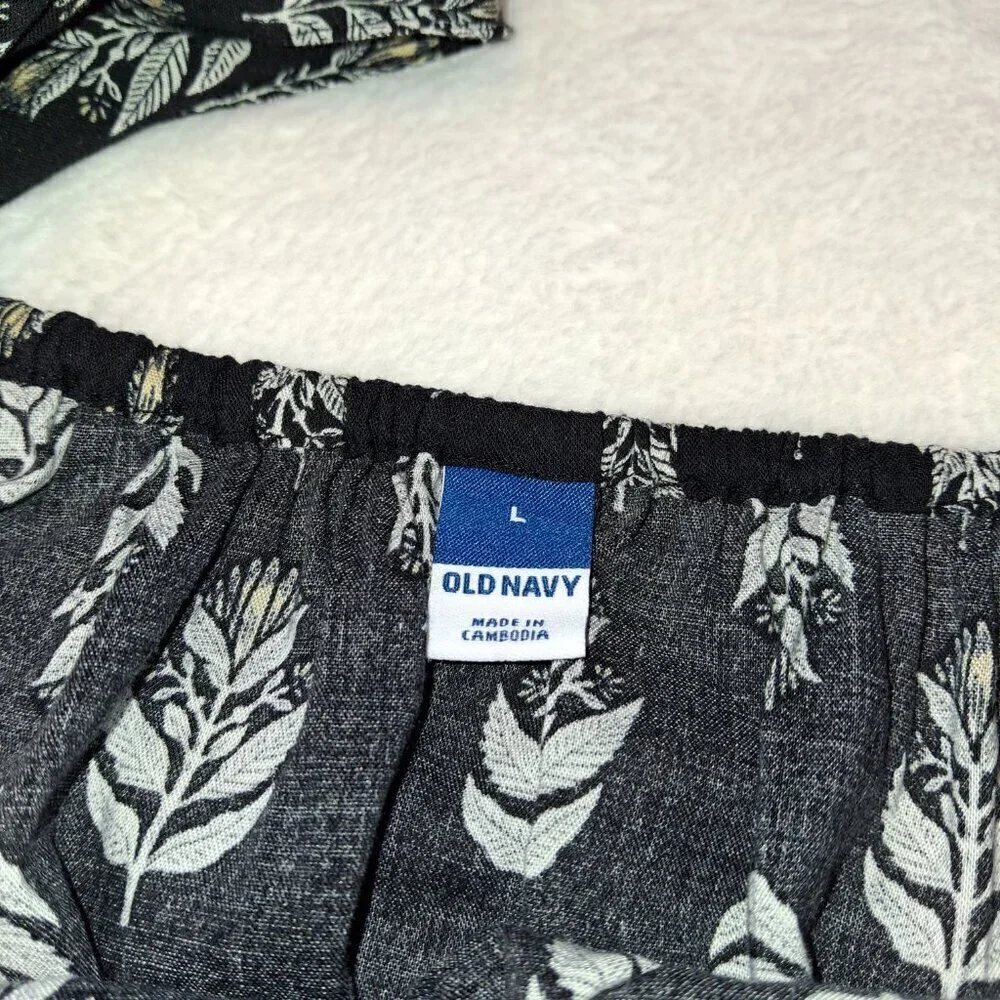 Old Navy Floral Blouse Sz L Puff Sleeve Flowy Tie Back Boho Coastal Neutral